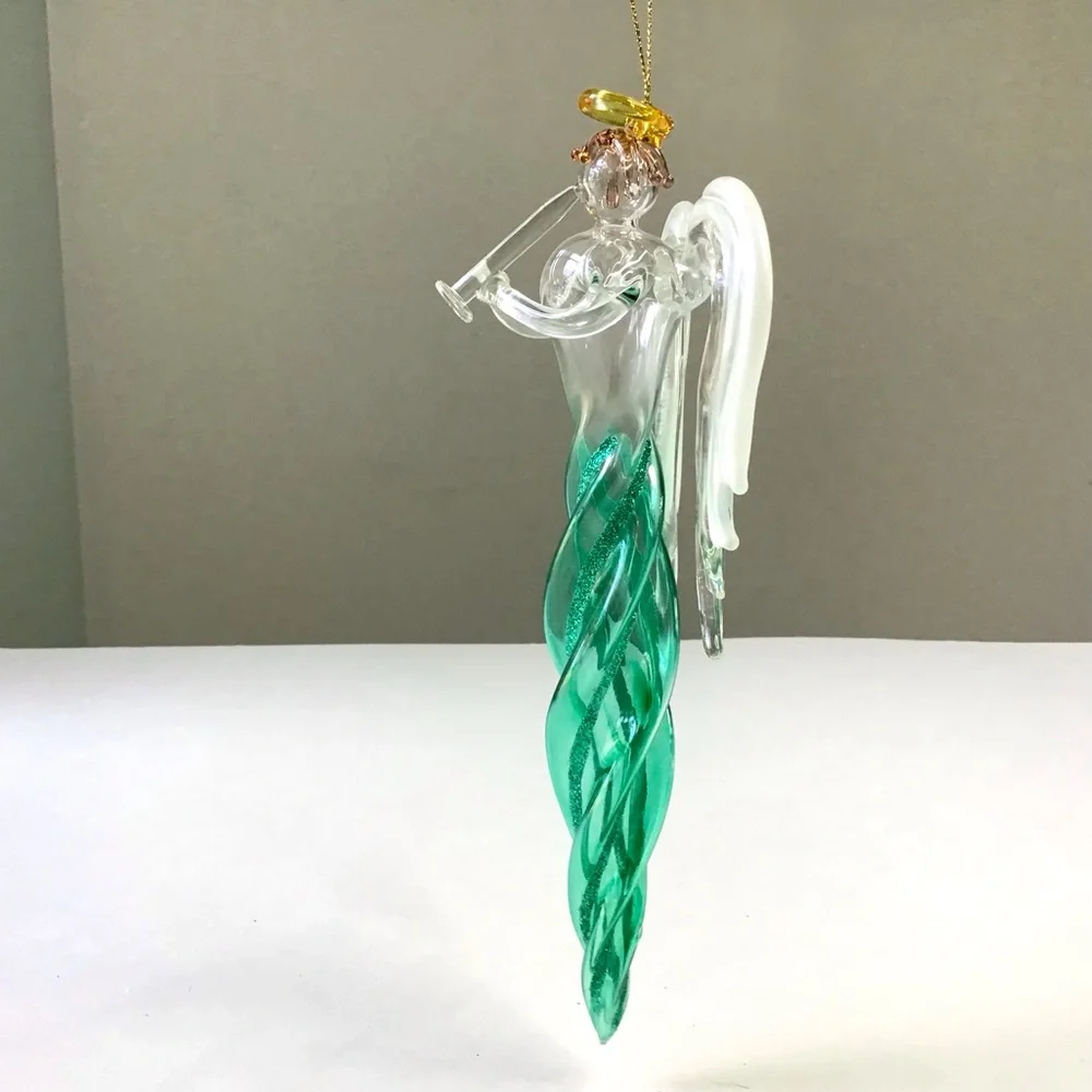 Angel Icicle Christmas Ornament Green Glitter Twisted Swirl Acrylic Wings Horn